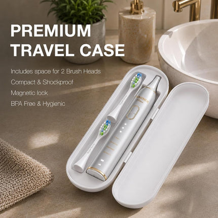 Wagner Stern IntelliBrush Series Whitening Electric Toothbrush with Pressure Sensor. Offers 4 Brushing Modes, 3 intensities, 8 Soft Brush Heads, and a Luxury Travel case.