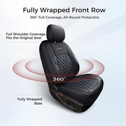 Huidasource Dodge Ram Seat Covers, Front&Rear Pickup Truck Leather Seat Cover Fit for 2009-2018 1500, 2010-2025 2500/3500 Crew Mega Cab, 2019-2025 ram 1500 Classic only(Full Set/Black&Blue)