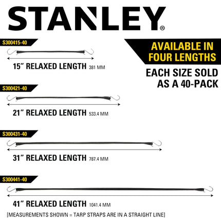 STANLEY S300421 Black 21" Rubber Tarp Bungee Cords for Boating, Camping, Cargo Support, 40 Pack