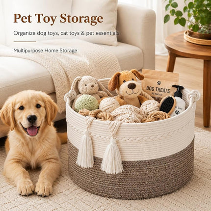KAKAMAY Large Blanket Basket (20"x13"),Woven Baskets for storage Baby Laundry Hamper, Cotton Rope Blanket Basket for Living Room, Laundry, Nursery, Pillows, Baby Toy chest (White/Beige)