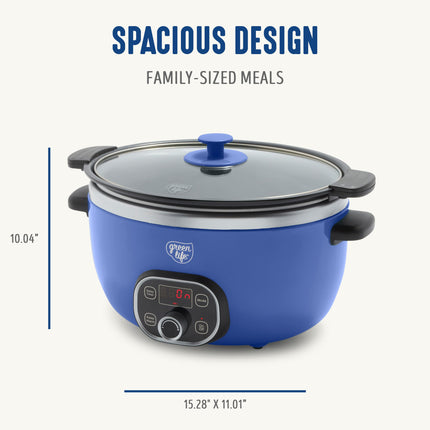 GreenLife 6QT Slow Cooker, Non-Toxic PFAS-Free Ceramic Nonstick Removable Interior Bowl, Programmable, Family Friendly, Keep Warm, Stovetop & Oven Safe, Dishwasher Safe Parts, Timer, Glass Lid, Blue