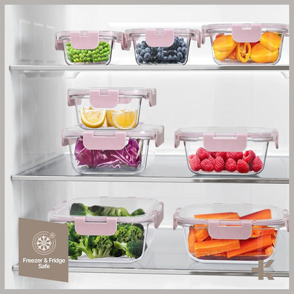 Récipients de Conservation Alimentaire en Verre Borosilicaté Rose avec Couvercles, 24 Pièces, Qualité Alimentaire, Sans BPA, Empilables, pour Déjeuner et Restes, Adaptés au Micro-ondes, au Congélateur et au Lave-vaisselle, Hermétiques et Anti-fuites