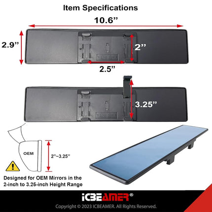 10.6" ICBEAMER Clip On Rear View Mirror | Flat Blue Tint, Panoramic Wide Angle HD Glass, Anti Glare, Universal Fit for Car, SUV, Truck | Eliminates Blind Spots (1 Pack)