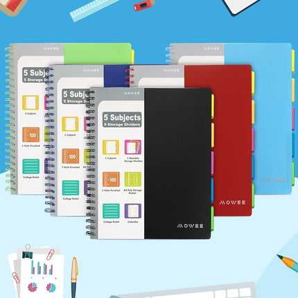 MOWEE Spiral Notebook - 5 Subject Notebook, College Ruled Notebook With Dividers Pocket, Tabs Label, 11" Ruler, 100 Sheets of 200 Pages, for Writing Journal, Home & Office, School Supplies,Red