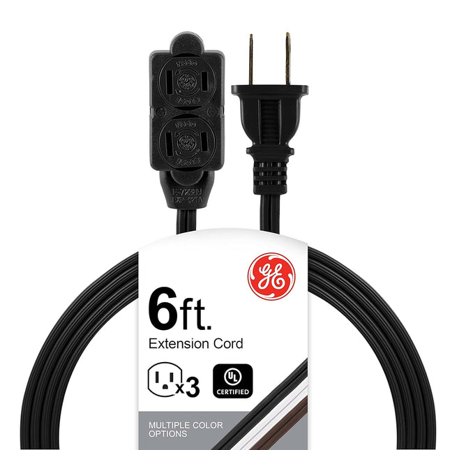 GE 3-Outlet Power Strip, 6 Ft Extension Cord, 2 Prong, 16 Gauge, Twist-to-Close Safety Covers, Indoor Rated, Perfect for Home, Office or Kitchen, UL Listed, Black, 45148
