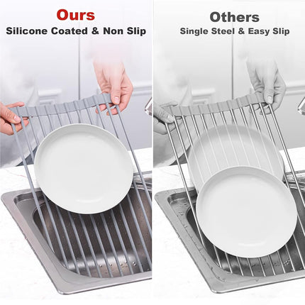 MERRYBOX Roll Up Dish Drying Rack, Over The Sink Dish Rack Foldable, Heat-Resistant, Anti-Slip Silicone Coated Dish Drainer for Kitchen Counter, Large & Multipurpose Sink Drying Rack, 20.5" x 13.1"