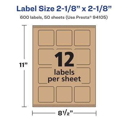 Étiquettes carrées marron kraft Avery avec Sure Feed, 5,4 cm x 5,4 cm, 600 étiquettes marron kraft, impression bord à bord, étiquettes imprimables laser/jet d'encre
