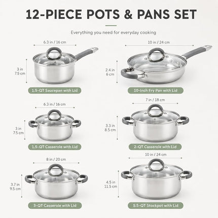 Cook N Home Cookware Basic Pots and Pans, 12 Piece Set, Stainless Steel Grey Silicone Handle
