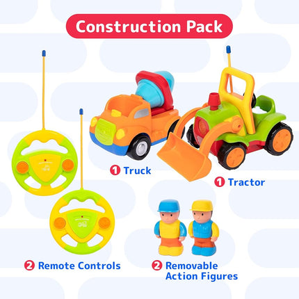 Prextex 2-Pack RC Cartoon Cars: Remote Control Cars for Kids Age 2-3 - Kids Remote Control Truck and Tractor Car Toys for Boys - Ideal Stocking Fillers for Toddlers Age 2-3