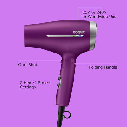 Conair Hair Dryer, Worldwide Travel Hair Dryer with Smart Voltage Technology and Folding Handle, Includes Diffuser and Concentrator, Purple