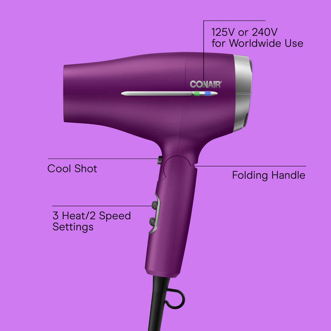 Sèche-cheveux Conair, sèche-cheveux de voyage international avec technologie de tension intelligente et poignée pliable, comprend un diffuseur et un concentrateur, violet
