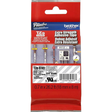 Brother P-Touch Genuine TZe-S141, ~3/4" (0.7") Black on Clear Extra Strength Adhesive Laminated Tape –26.2 ft(8m) (TZES141)