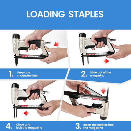 meite MT8016LN Pneumatic Staple Gun Extended Nose Upholstery Stapler Accepts 21 Gauge 12.8mm Crown Accepts 6-16mm, Air Stapler Gun for Furniture Sofa Fabric Bedding Cabinetry Woodworking