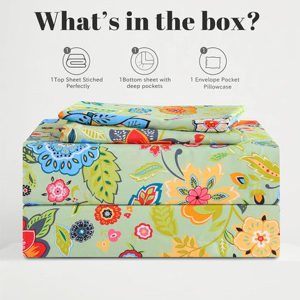 Bedlifes Floral Pattern Bed Sheet Set Full Size, 16" Deep Pocket 4PCS