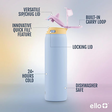 Ello Pop & Fill 40oz Stainless Steel Water Bottle with Quick Fill Technology, Double Walled and Vacuum Insulated Metal, Leak Proof Locking Lid, Sip and Chug, Reusable, BPA Free, Coastal Sunrise