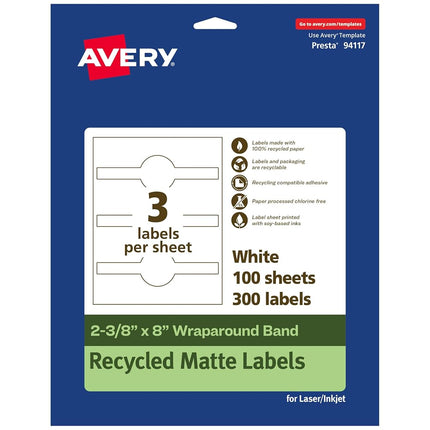 Avery EcoFriendly Recycled Wraparound Band Labels, 2-3/8" x 8", Cigar Band Labels, Matte White, Permanent Adhesive, Laser/Inkjet Printable, 300 Total