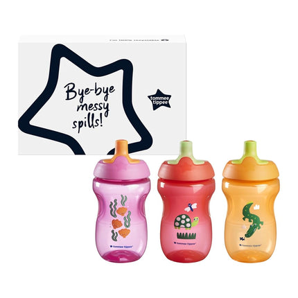 Tommee Tippee Sportee Bottle, Sippy Cup for Toddlers, 12 Months+, 10oz, Spill-Proof, Bite Resistant Spout, Easy to Hold Design, Pack of 3, Purple, Red and Orange