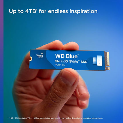 WD Blue SN5000 1TB SSD, M.2 2280 NVMe SSD, Read speeds up to 5150 MB/s, PCIe Gen4, nCache Technology, Free Acronis True Image data migration software, Internal solid state drive, Color May Vary