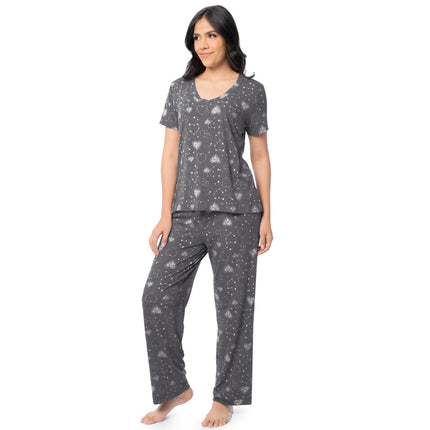 Fruit of the Loom womens Short Sleeve Tee and Pant 2 Piece Sleep Set, Charcoal/Hearts, S