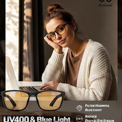 Bloomoak-99% Blue Light Blocking Glasses - Gaming Glasses - Anti Glare - Anti Fatigue -Suitable for Screens, Games, TVs (76% - Best for Gaming (Hard Case Included), Yelow Lens - DayNight)