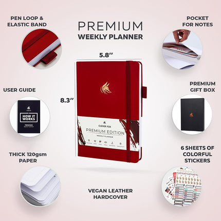 Clever Fox Planner Premium Edition - Luxurious Weekly & Monthly Planner to Increase Productivity and Hit Your Goals - Organizer - Undated, Start Anytime, A5, Lasts 1 Year, Wine Red (Weekly)