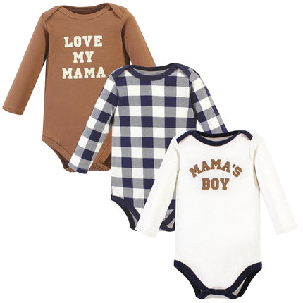 Hudson Baby Unisex Baby Cotton Long-Sleeve Bodysuits, Brown Navy Mamas Boy 3-Pack, Preemie, Brown Navy Mamas Boy 3-pack, Preemie