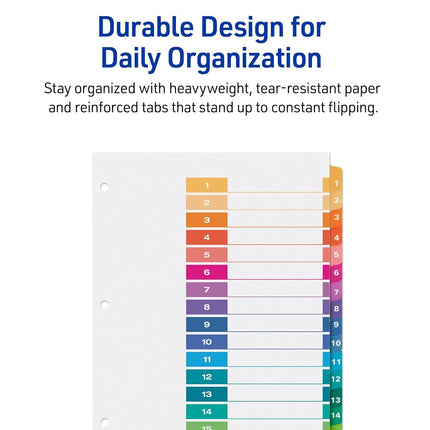 Avery 15 Tab Dividers for 3 Ring Binders, Customizable Table of Contents, Multicolor Tabs, 1 Set (11143)