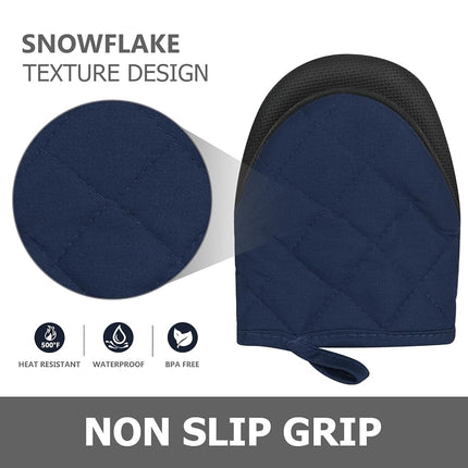 1 Pair Short Oven Mitts - Silicone Kitchen Oven Gloves High Heat Resistant 500℉, Mini Oven Mits with Non-Slip Grip Surfaces and Hanging Loop for BBQ, Baking, Cooking and Grilling (Dark Blue)