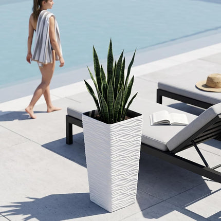 Worth Garden 2-Pack Tall Tapered Planter - Plastic White Square Plant Pots - 55CM Tall Large Tree Planter - Modern Matte Wavy Decorative Flower Pot for Indoor Outdoor Porch Deck