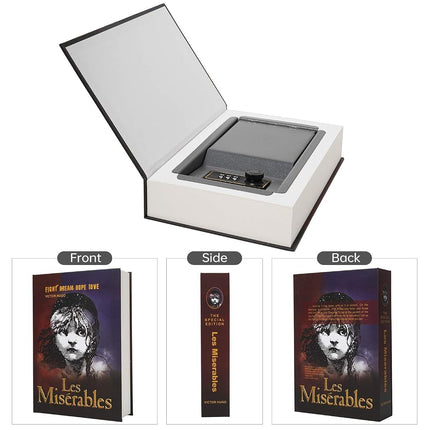 Real Paper Diversion Book Safe storage box, dictionary secret safe with code lock/key, flip book hidden safe (M Combination, Les Miserables)