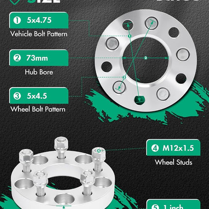 SCITOO 2X 1 inch 5x4.75 to 5x4.5 5x120.65 to 5x114.3 Wheel Spacers 12x1.5 Studs 73mm CB fits for Firebird for Jimmy for S10 for Blazer Wheel spacers adapters