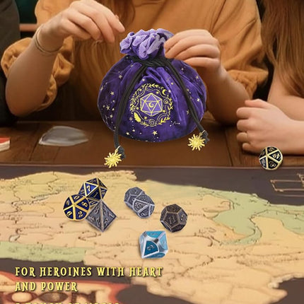 ANZOME DND Dice Bags with Pockets Drawstring Dice Bag Dice Storage Bag Big Capacity Dice Velvet Pouch for RPG MTG Table Games, Capacity Over 200 Dice (Purple)