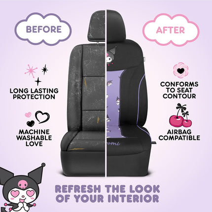 Hello Kitty Kuromi Car Seat Covers - Cute Black and Purple Front Seat Covers with 4PC Carpet Car Floor Mats - Universal Fit for Cars, SUVs & Trucks - Black with Kuromi Print & Purple, Pink Accents