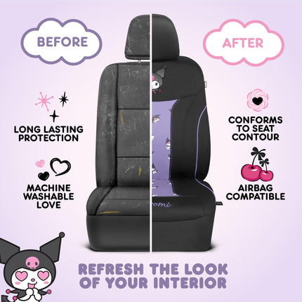 Hello Kitty Kuromi Car Seat Covers - Cute Black and Purple Front Seat Covers with 4PC Carpet Car Floor Mats - Universal Fit for Cars, SUVs & Trucks - Black with Kuromi Print & Purple, Pink Accents