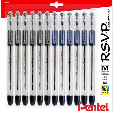 Pentel RSVP medium point pens - ballpoint - 1.0mm - 12 Pack Of 6 Blue And 6 Black Ink Pens