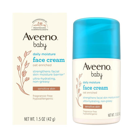 Aveeno Baby Daily Moisture Face Cream, Oat Enriched Moisturizing Cream for Babies’ Sensitive Facial Skin, Strengthens Skin’s Moisture Barrier, Ultra-Hydrating, Non-Greasy, Fragrance-Free, 1.5 oz