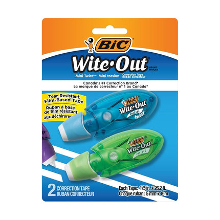 BIC Wite-Out Brand Mini Twist Correction Tape, 26.2 Feet, 2-Count Pack of white Correction Tape, Fast, Clean and Easy to Use Tear-Resistant Tape Office or School Supplies