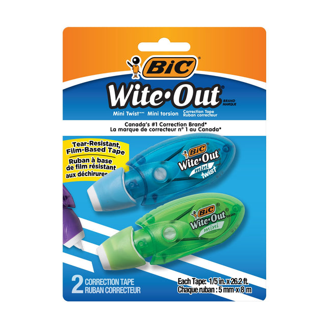 Ruban correcteur BIC Wite-Out Mini Twist, 8 m, Paquet de 2 rubans correcteurs blancs, Ruban résistant aux déchirures rapide, propre et facile à utiliser, Fournitures de bureau ou scolaires