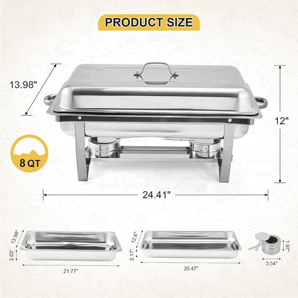 Ensemble de 2 plats de service avec réchaud, 8 litres, en acier inoxydable, avec couvercle, cadre pliant, plats rectangulaires pour fêtes, mariages, événements traiteur, argent