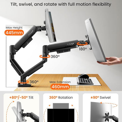 ErGear Dual Monitor Arm for 13-32 Inch Screens, Dual Monitor Stand with Smooth Height Adjustment, Quick-Release VESA Plate, C-Clamp & Grommet Mounting, VESA 75/100mm, Holds 2.2-9kg