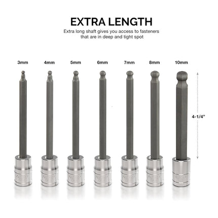NEIKO 10243A 3/8-Inch-Drive Extra-Long Ball-End Hex-Bit Socket Set, Metric Sockets 3/8" or 3 to 10 mm, S2 Steel, 7-Piece Set