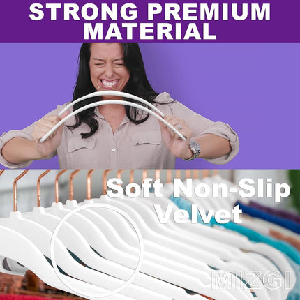 MIZGI Premium Velvet Hangers (50 Pack) Heavy Duty - Non Slip Felt Hangers - White - Rose Gold Swivel Hooks,Space Saving Clothes Hangers,Durable Strong Hangers for Suits,Coats,Dress