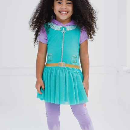 Paw Patrol Girls Hooded Cosplay T-Shirt Dress and Leggings Outfit Set Toddler to Little Kid Sizes (2T - 7-8), Teal / Everest, 3T