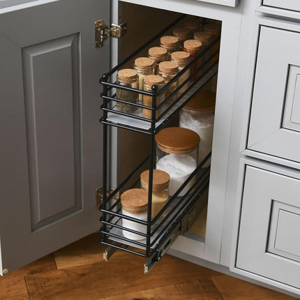 Organisateur coulissant étroit pour armoire Household Essentials, organisateur à deux niveaux, noir mat, idéal pour les armoires étroites dans la cuisine, la salle de bain et plus encore.