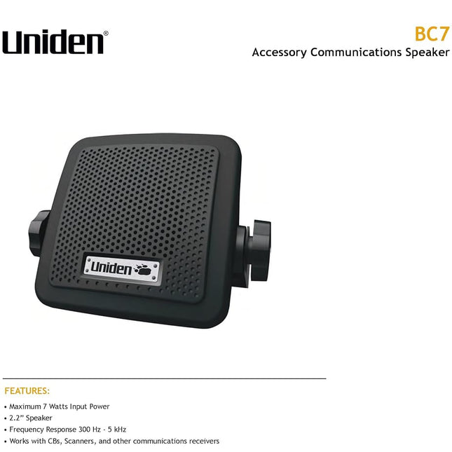 Uniden (BC7) Bearcat 7-Watt External Communications Speaker. Durable Rugged Design, Perfect for Amplifying Uniden Scanners, CB Radios, and Other Communications Receivers.,Black