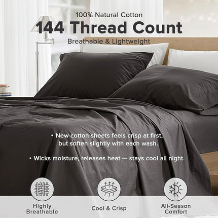 Comfort Spaces 100% Cotton Percale Sheets Twin Sheet Set 3 Pcs, Black