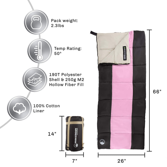 Sac de couchage Wakeman Outdoors pour enfants - Léger, sac de transport avec sangles de compression incluses - pour le camping, la randonnée, les soirées pyjama (rose/noir)