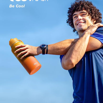 Water Bottle 32 oz Insulated with Straw, Coolflask Stainless Steel Metal 3 Lids Water Flask Wide Mouth for Sports or Office, Non-BPA Keep Cold Up to 48 Hrs or Hot Up to 24 Hrs, Ombre Yellow/Orange