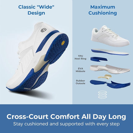 FitVille Men's Wide Tennis Shoes Comfortable Pickleball Shoes with Arch Support for Plantar Fasciitis Wide Feet White