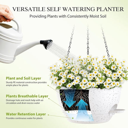 SQKH 12 Inch Hanging Baskets 2 PC with Chains, Self-Watering Hanging Planters for Indoor Outdoor Plants, Plastic Hanging Flower Pots,Speckled White